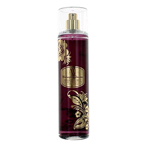 Adrienne Vittadini AV Midnight Blossom Body Mist in an elegant bottle with floral design.