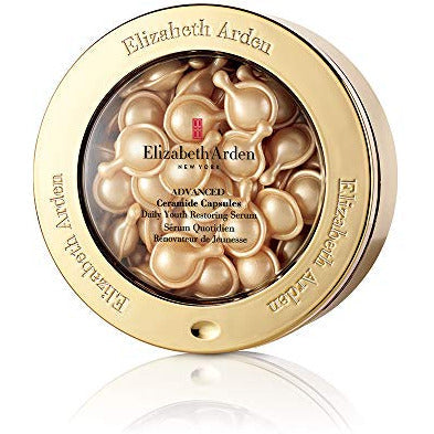 Elizabeth Arden Advanced Ceramide Capsules Daily Youth Restoring Serum in a sleek packaging, showcasing 60 individual capsules for skincare.