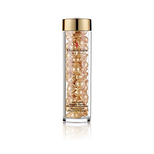 Elizabeth Arden Advanced Ceramide Capsules Daily Youth Restoring Serum in a sleek packaging, showcasing 90 individual capsules for skincare.