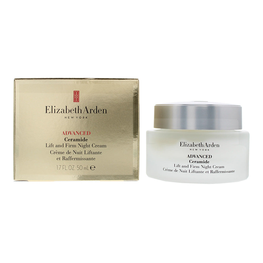 Elizabeth Arden Advanced Ceramide Lift and Firm Night Cream in a sleek jar, showcasing its luxurious texture and packaging.