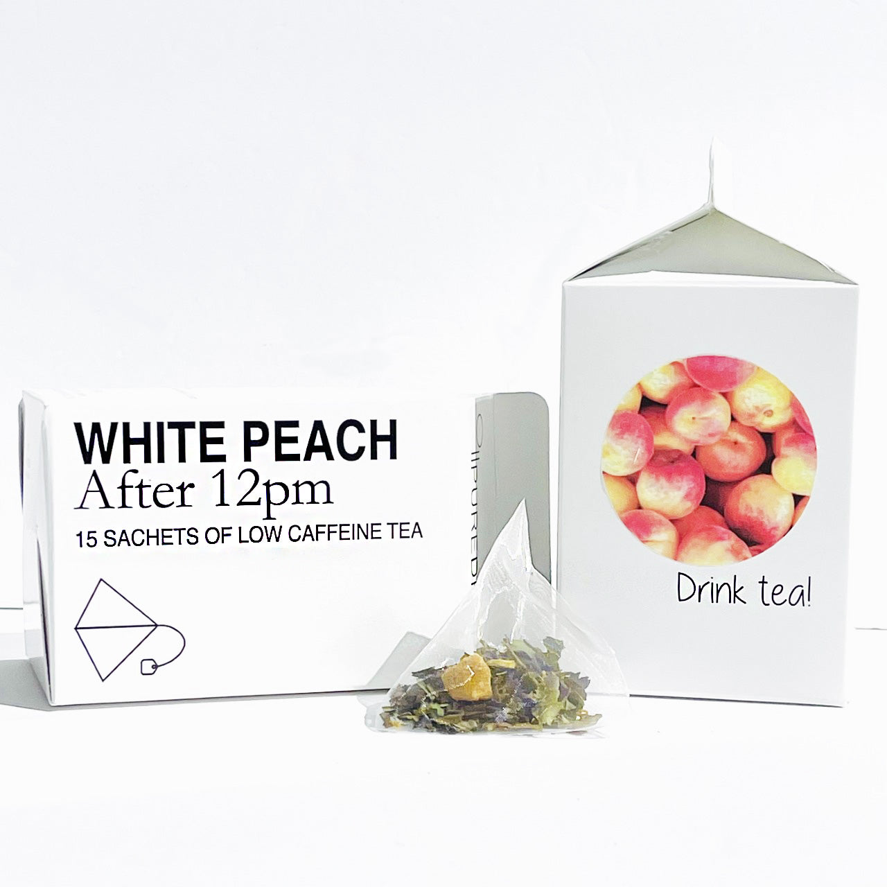 A box of After 12pm White Peach Tea sachets featuring elegant packaging with peach and floral designs.