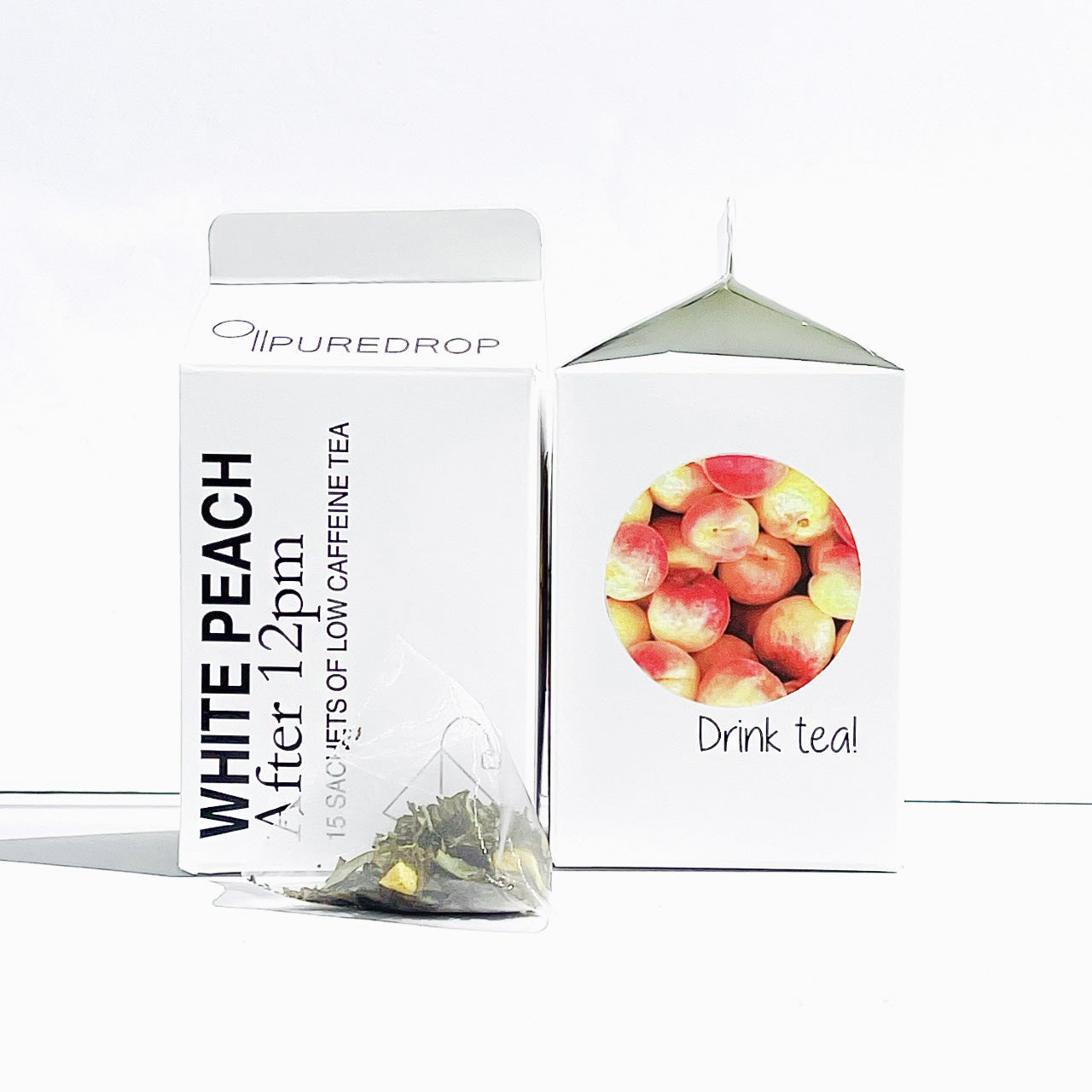 A box of After 12pm White Peach Tea sachets featuring elegant packaging with peach and floral designs.