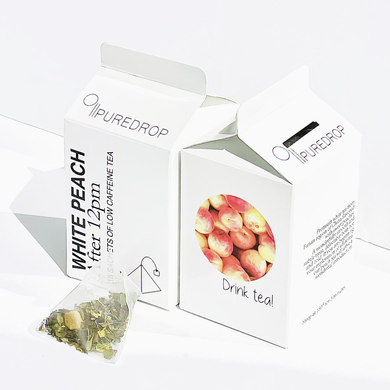 A box of After 12pm White Peach Tea sachets featuring elegant packaging with peach and floral designs.