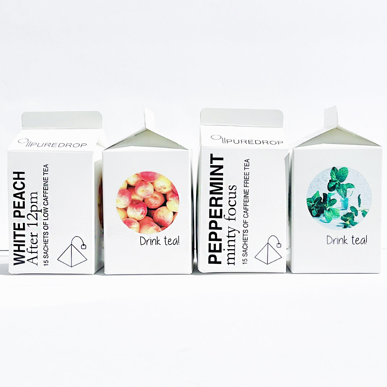 A box of After 12pm White Peach Tea sachets featuring elegant packaging with peach and floral designs.