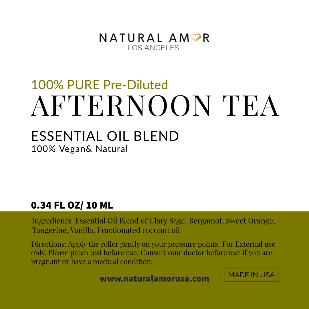 Afternoon Tea Roll On Essential Oil Blend in a 10 mL bottle with a stainless steel rollerball, showcasing its calming and balancing properties.