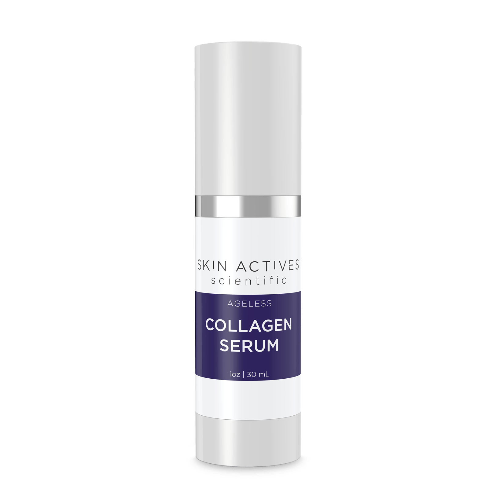 Ageless Collagen Serum in an airless pump bottle, showcasing its elegant design and clear serum texture.