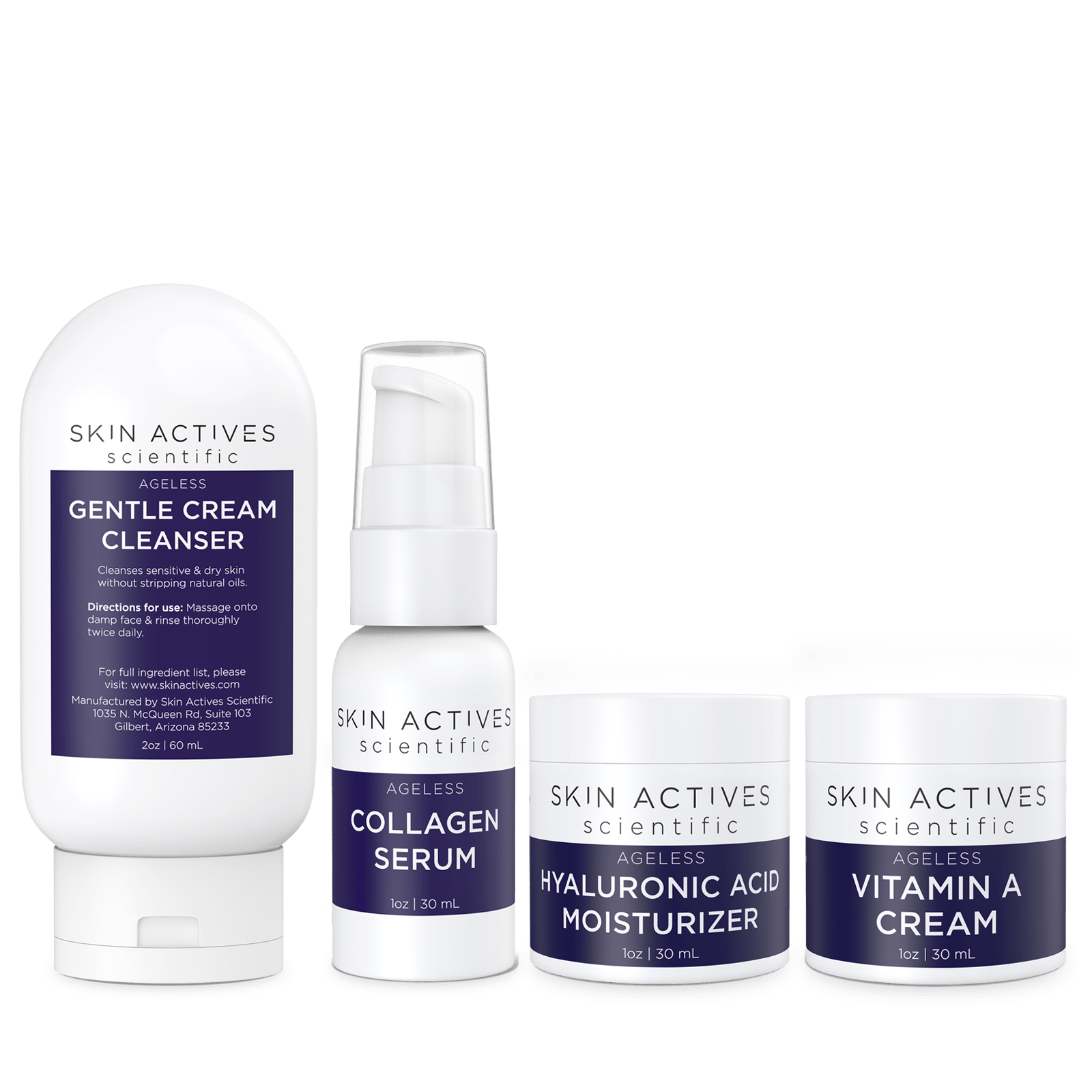 Ageless Kit Anti Aging Skin Care Products featuring Gentle Cream Cleanser, Collagen Serum, Hyaluronic Acid Moisturizer, and Vitamin A Cream.