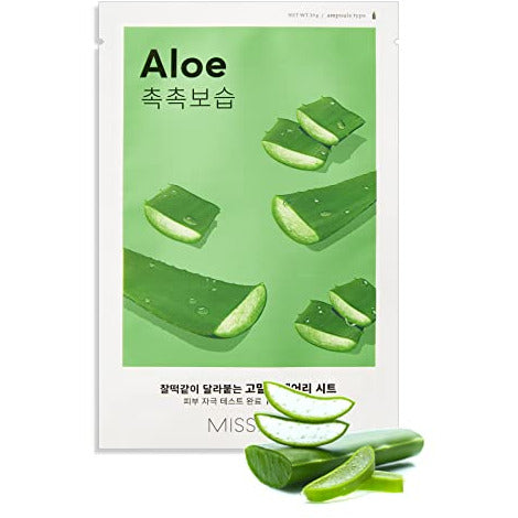 Missha Airy Fit Sheet Mask - Aloe featuring a vibrant green packaging with aloe vera illustrations, showcasing its hydrating properties.