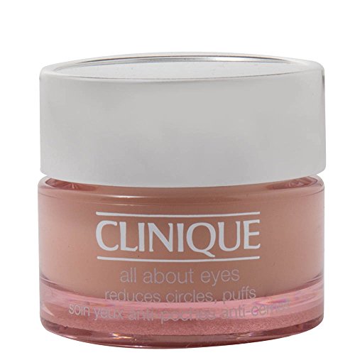 Clinique All About Eyes Eye Cream in a sleek jar, showcasing its lightweight texture and hydrating properties.