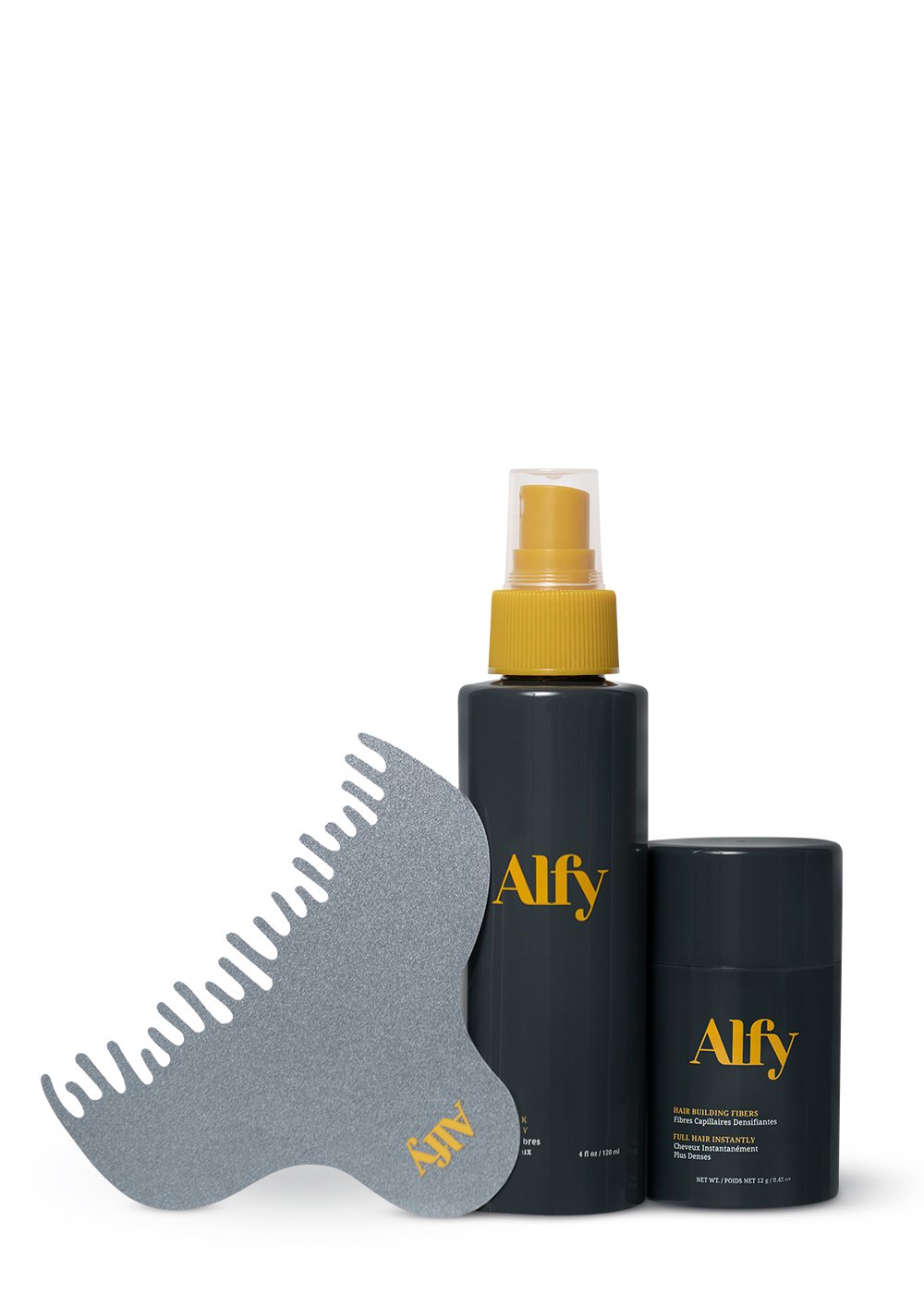 Alfy 12g Starter Kit featuring Hair Building Fibers, Fiber Lock Hair Spray, and Hairline Optimizer for fuller hair.