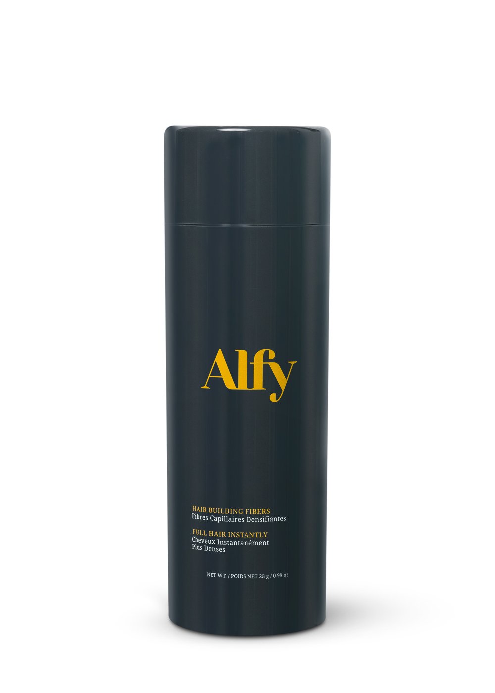 Alfy 28g Hair Building Fiber bottle with premium-grade keratin fibers for fuller hair.