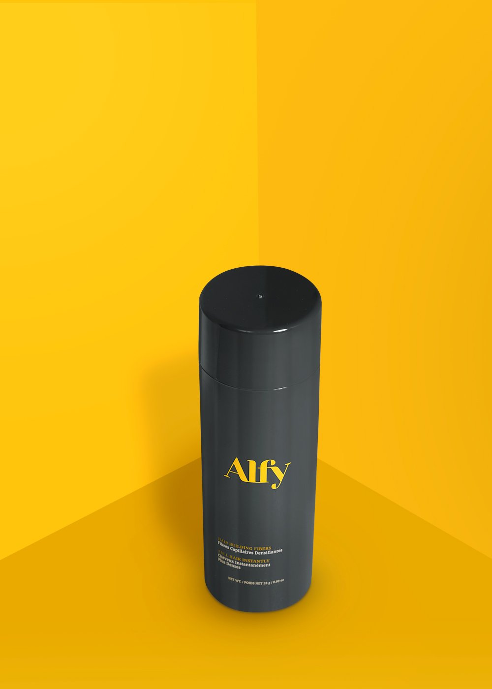 Alfy 28g Hair Building Fiber bottle with premium-grade keratin fibers for fuller hair.