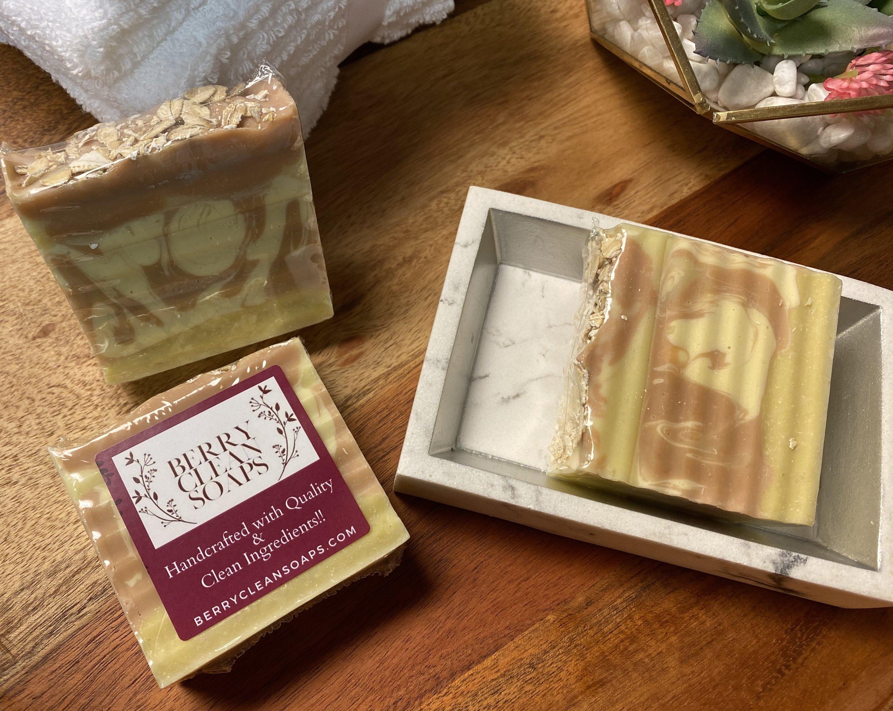 Almond Oats Soap bar with oatmeal texture and almond scent, showcasing its creamy lather and natural ingredients.