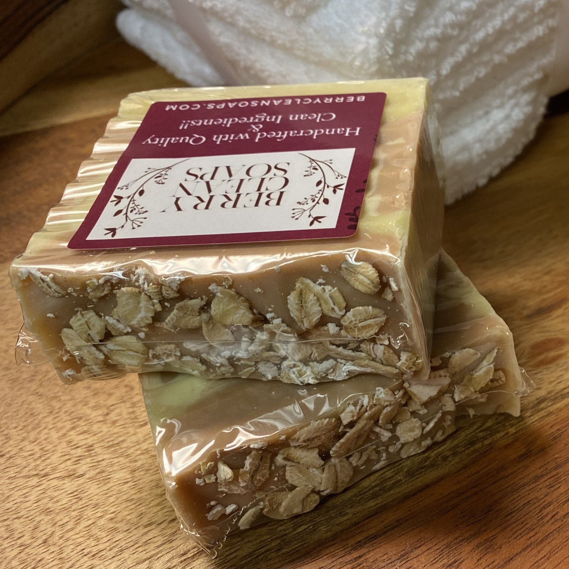 Almond Oats Soap bar with oatmeal texture and almond scent, showcasing its creamy lather and natural ingredients.