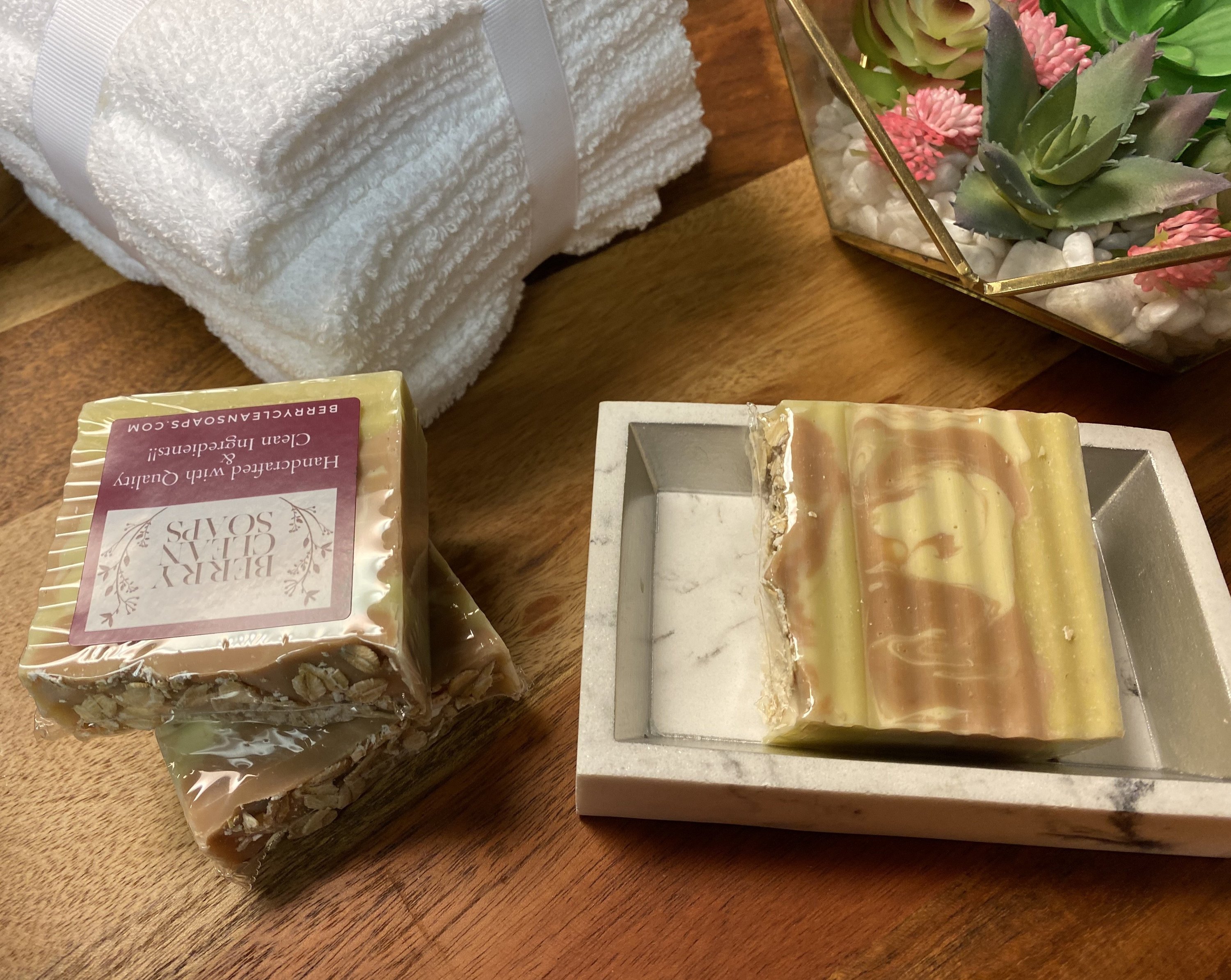 Almond Oats Soap bar with oatmeal texture and almond scent, showcasing its creamy lather and natural ingredients.