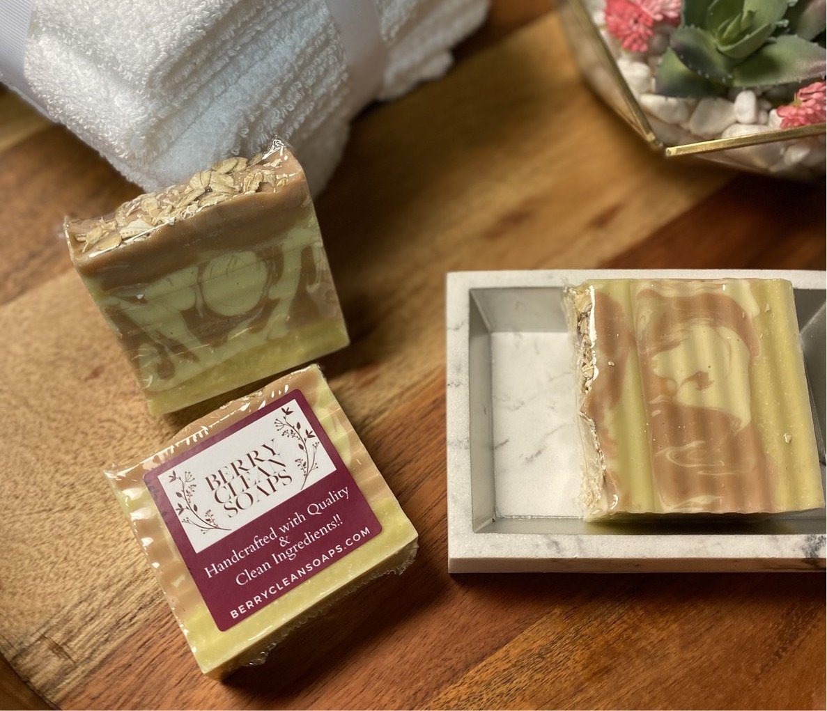 Almond Oats Soap bar with oatmeal texture and almond scent, showcasing its creamy lather and natural ingredients.