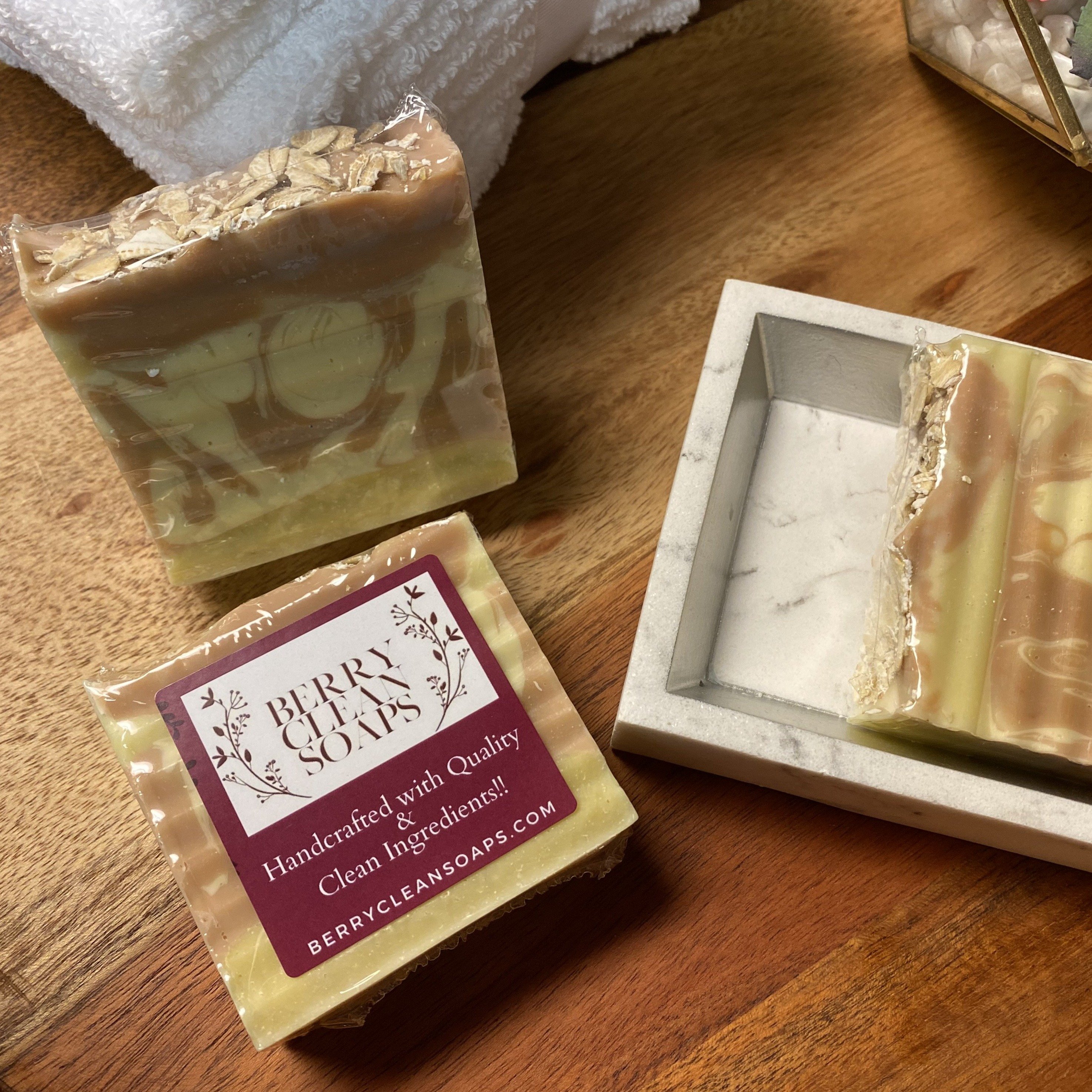 Almond Oats Soap bar with oatmeal texture and almond scent, showcasing its creamy lather and natural ingredients.