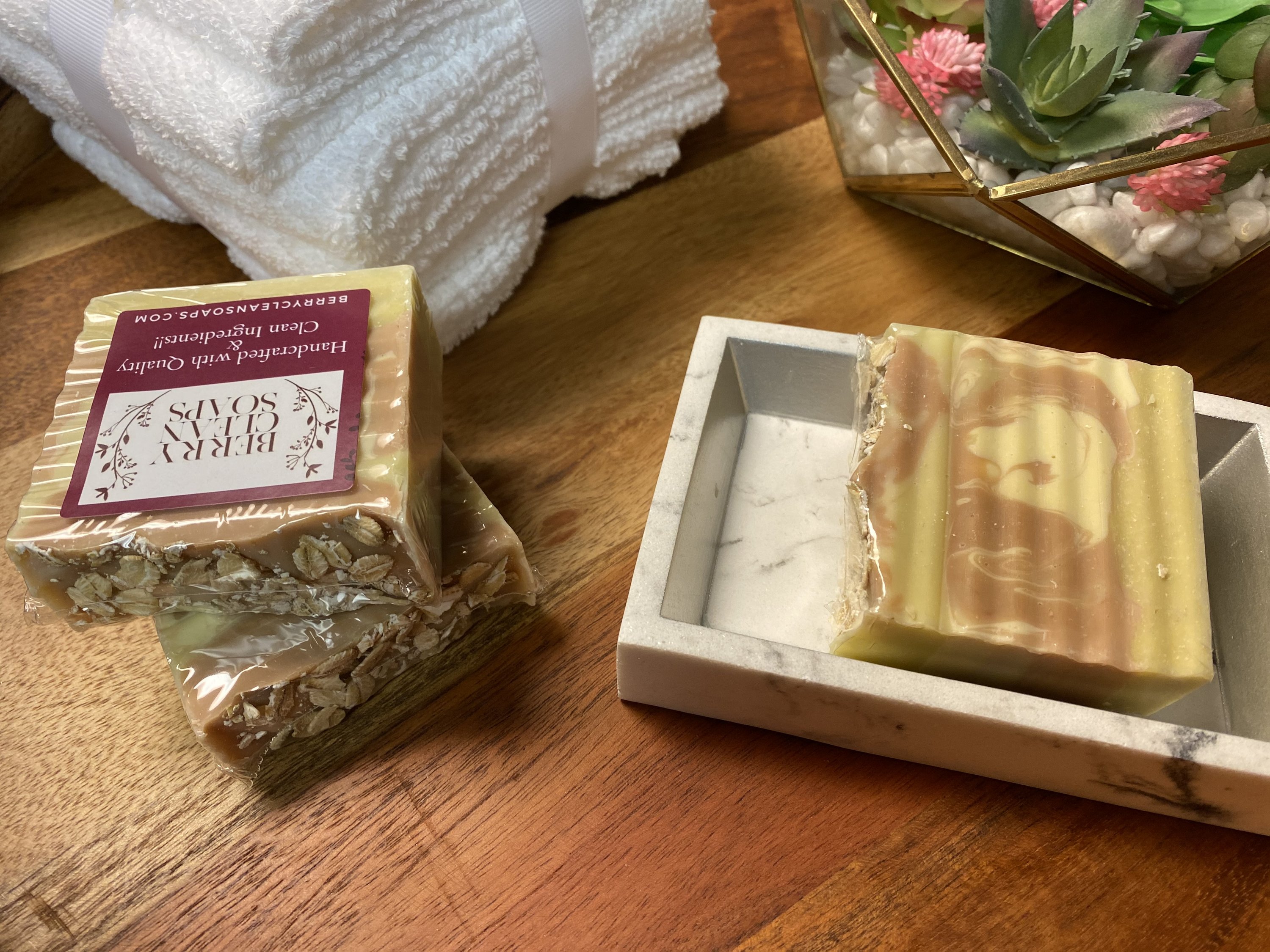 Almond Oats Soap bar with oatmeal texture and almond scent, showcasing its creamy lather and natural ingredients.