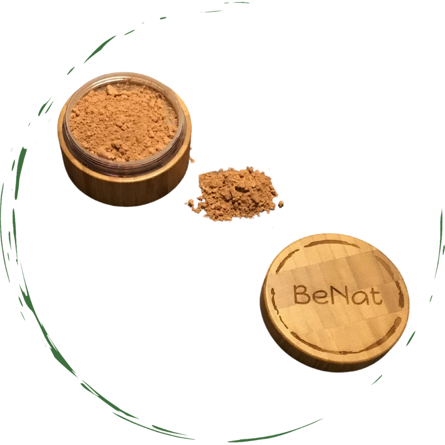 All-Natural Bronzer Loose Powder in a bamboo container with a sifter, showcasing its eco-friendly packaging and natural ingredients.