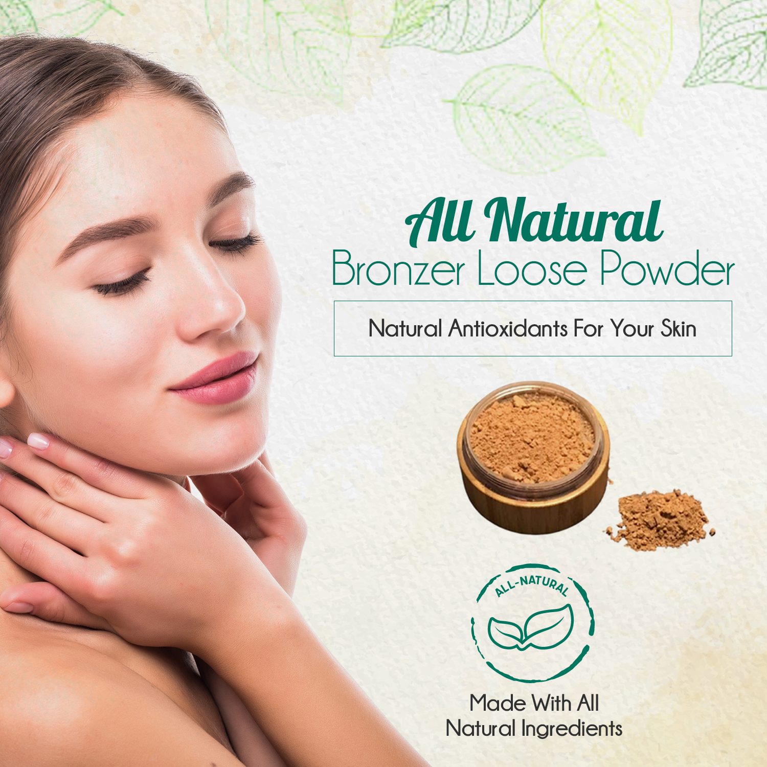 All-Natural Bronzer Loose Powder in a bamboo container with a sifter, showcasing its eco-friendly packaging and natural ingredients.