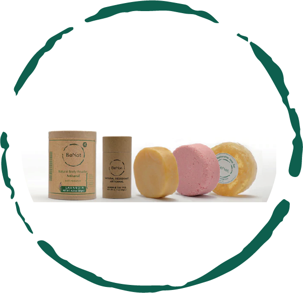 All-Natural Personal Care Bundle featuring five eco-friendly products including body powder, deodorant, shampoo bar, conditioner bar, and soap bar.