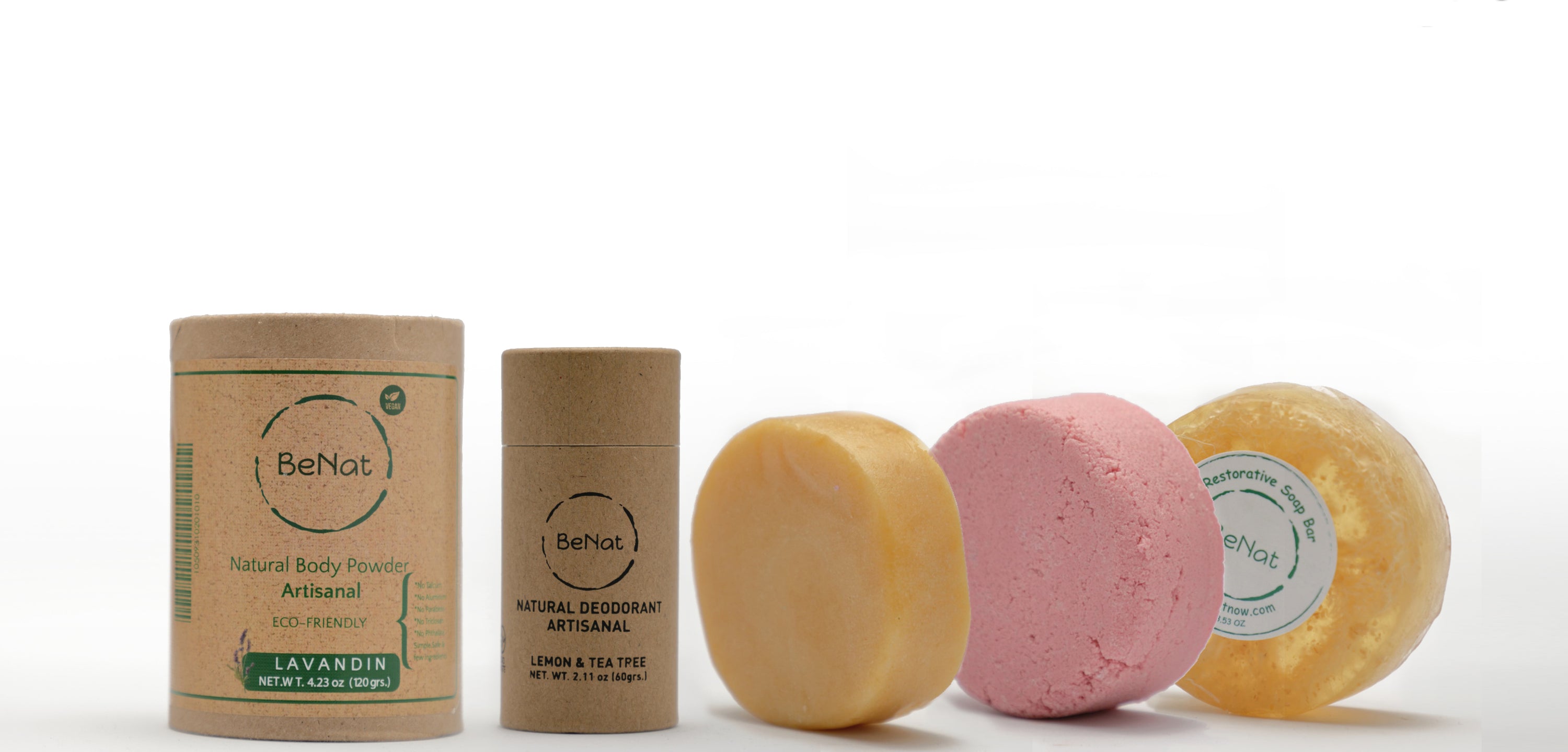 All-Natural Personal Care Bundle featuring five eco-friendly products including body powder, deodorant, shampoo bar, conditioner bar, and soap bar.