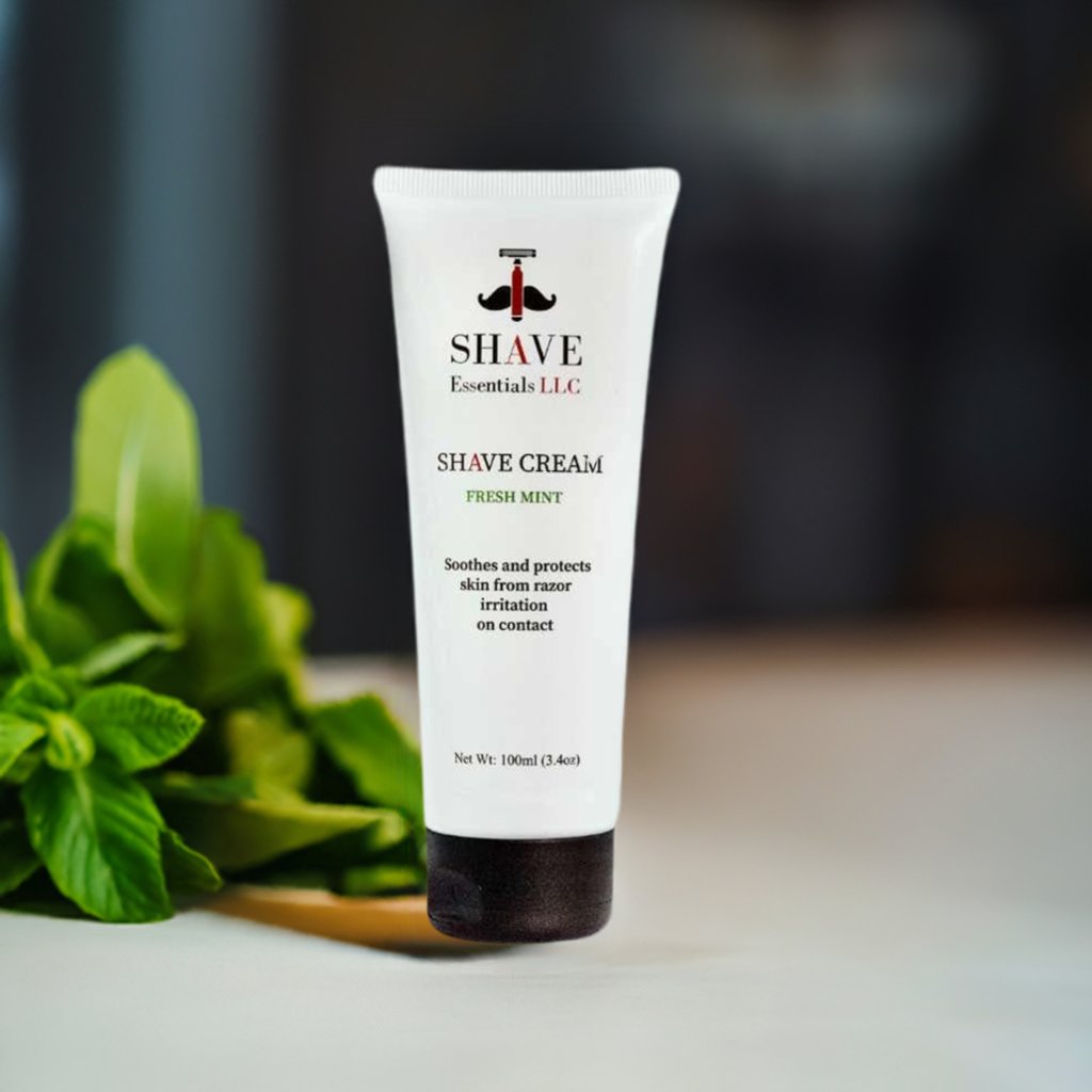 A tube of All-Natural Shave Cream with a refreshing menthol scent, designed for a smooth and irritation-free shaving experience.