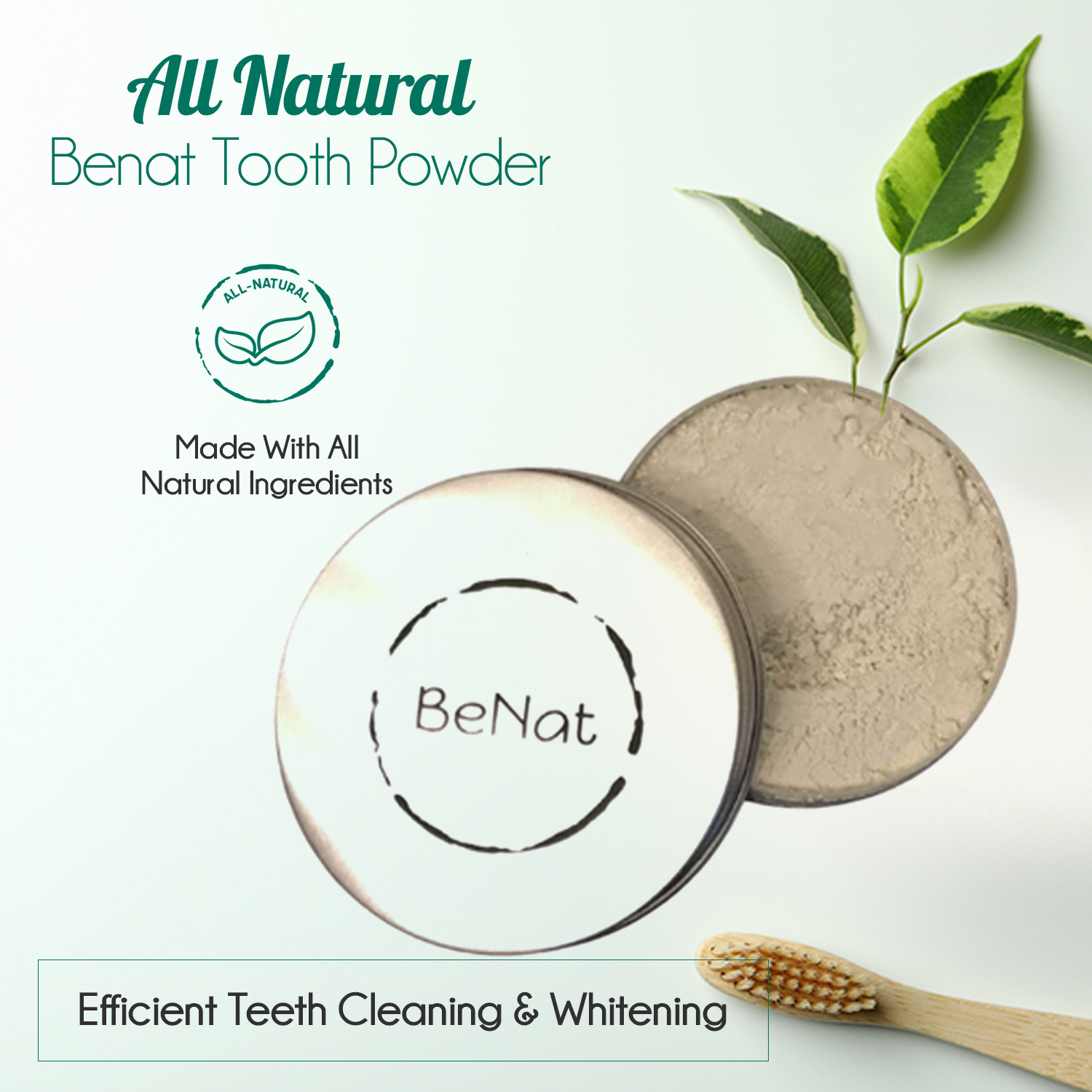 All-Natural Tooth Powder in a reusable metal tin, showcasing eco-friendly packaging and natural ingredients.