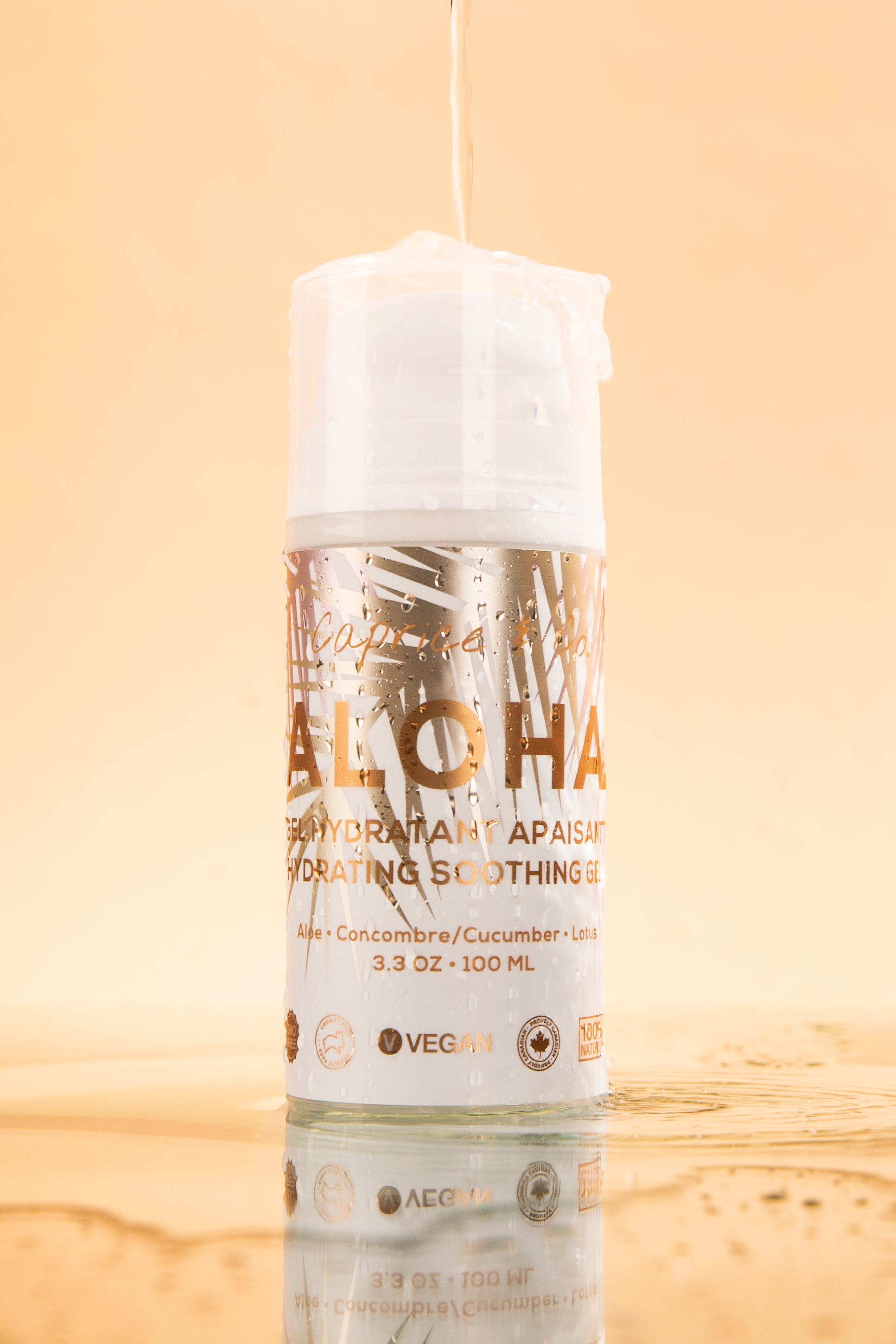 Aloha Aloe + Lotus Soothing Gel in a clear container, showcasing its natural gel texture and ingredients.