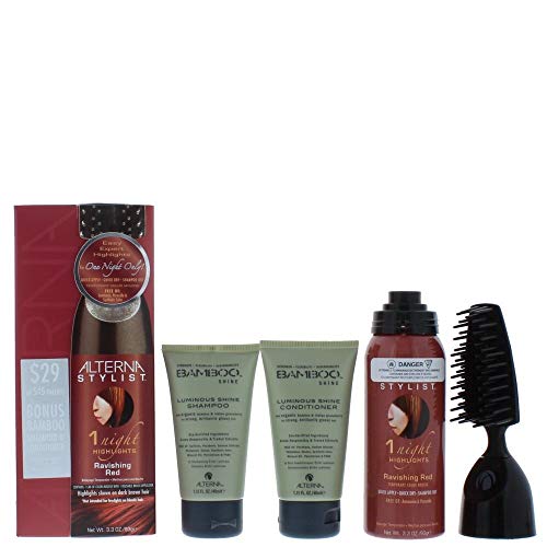 Alterna Stylist Gift Set featuring Ravish Red highlights, Bamboo Shine Conditioner, and Shampoo in elegant packaging.