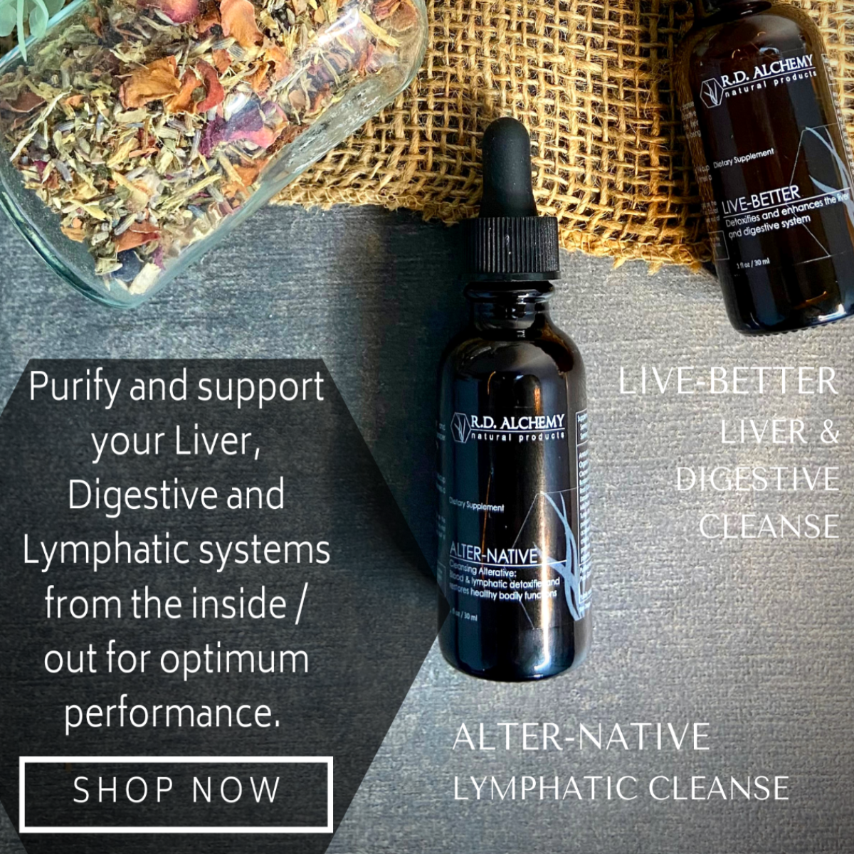 Bottle of Alter-Native Blood & Lymph Detoxifying Extract with a dropper, showcasing its natural ingredients and health benefits.