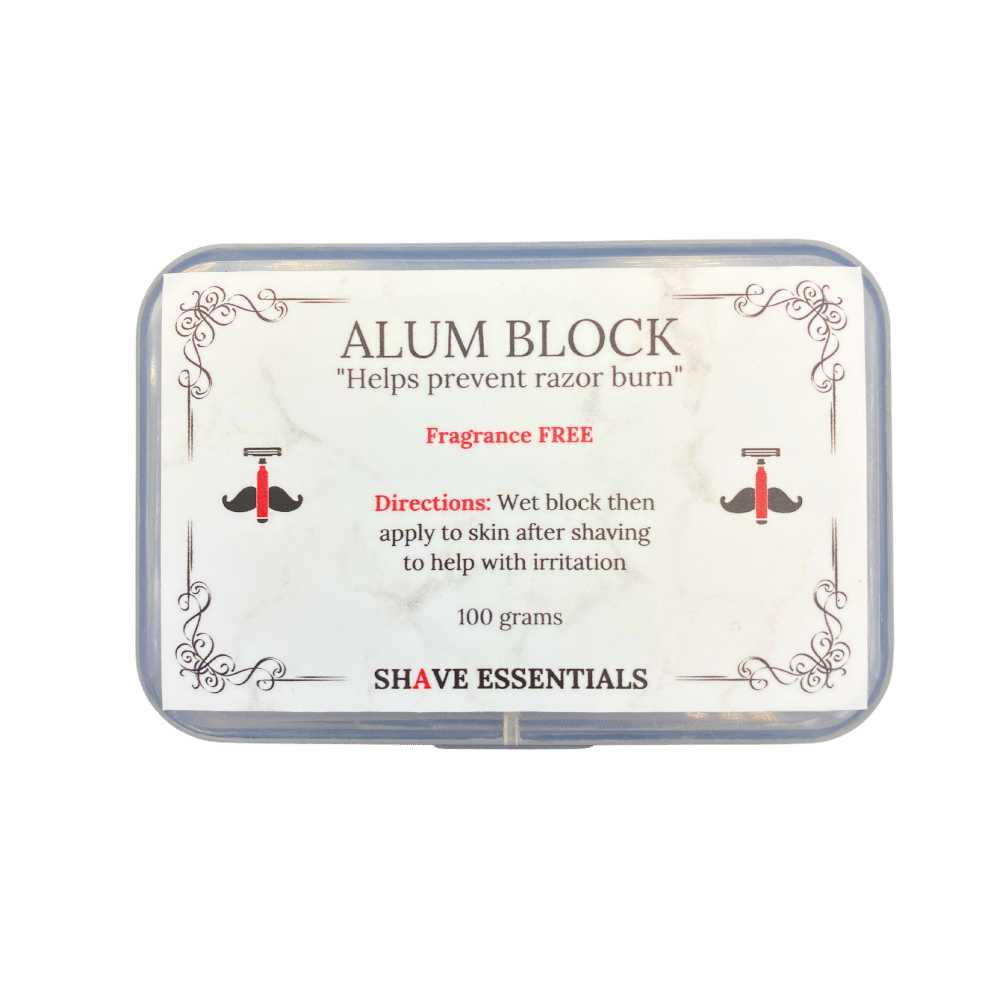 Alum Block from Shave Essentials, a natural mineral block for soothing razor burn and skin irritation after shaving.