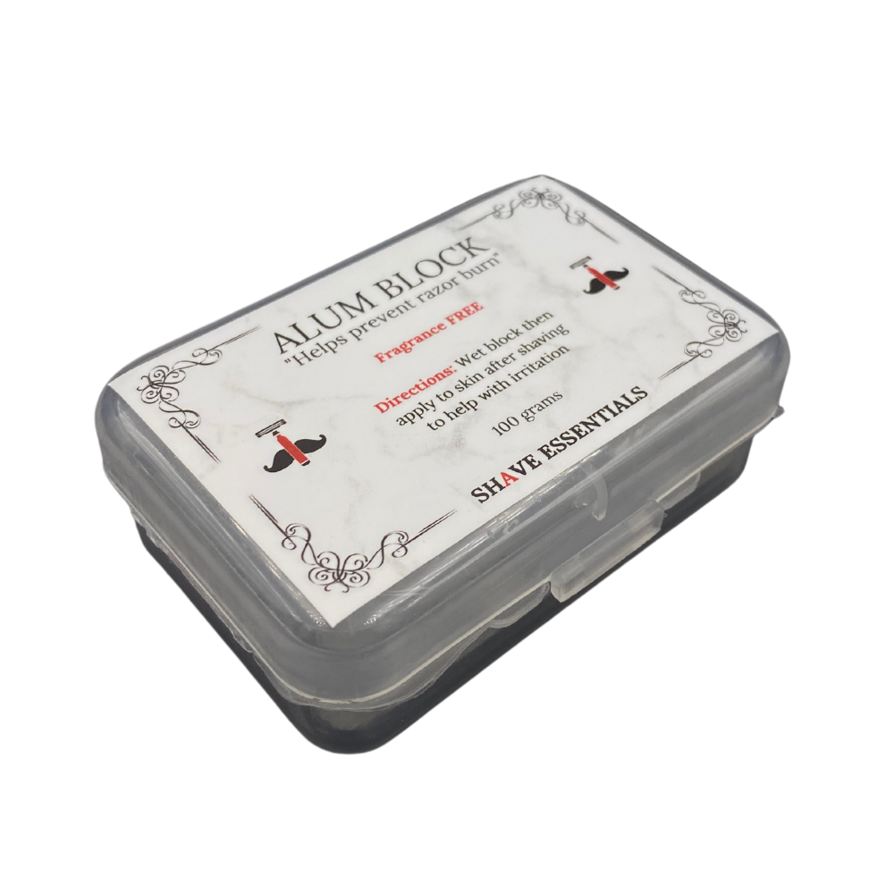 Alum Block from Shave Essentials, a natural mineral block for soothing razor burn and skin irritation after shaving.