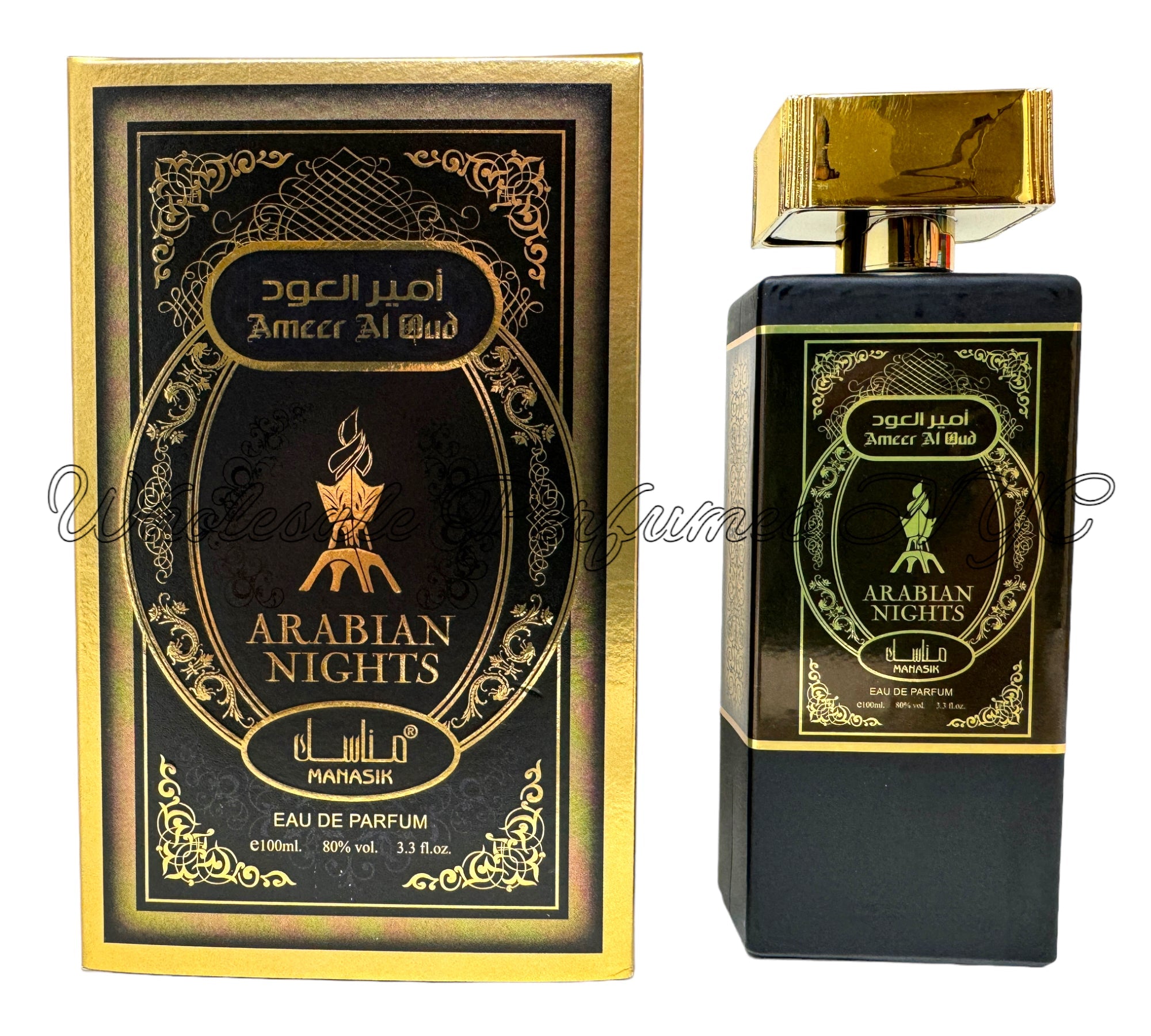 Ameer Al Oud Arabian Nights for Men 3.4oz Eau de Parfum bottle elegantly displayed with a luxurious design.