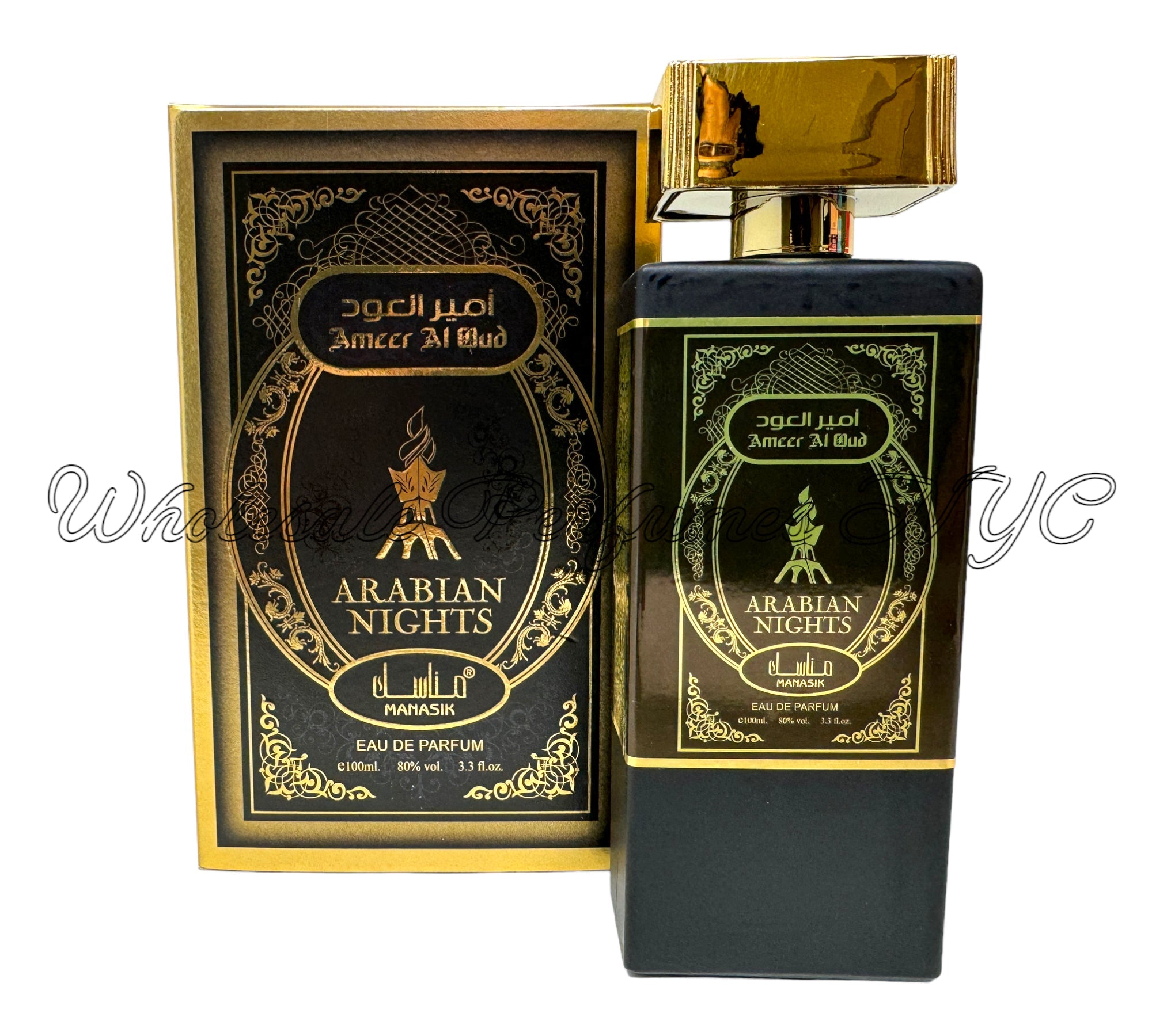 Ameer Al Oud Arabian Nights for Men 3.4oz Eau de Parfum bottle elegantly displayed with a luxurious design.