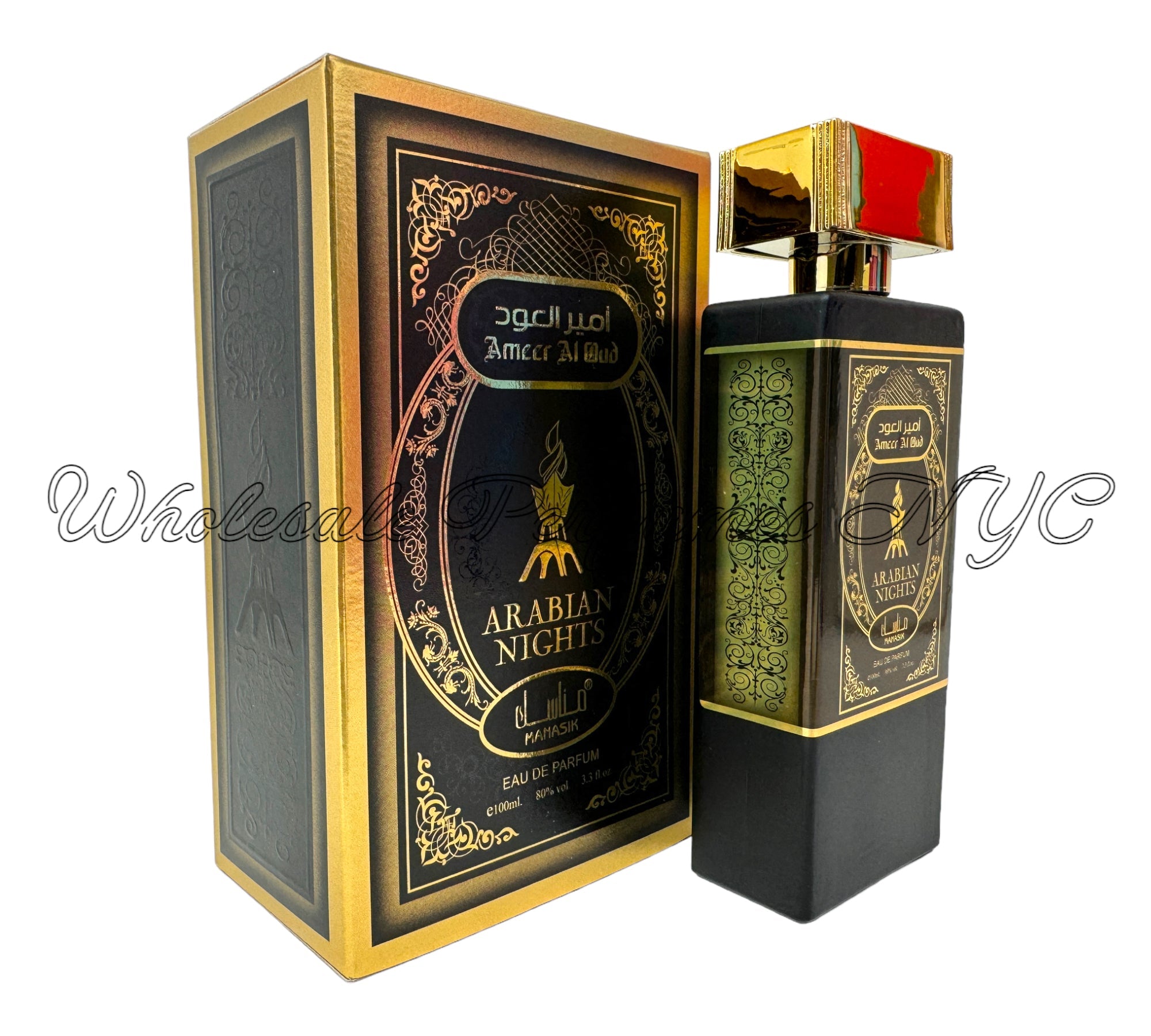 Ameer Al Oud Arabian Nights for Men 3.4oz Eau de Parfum bottle elegantly displayed with a luxurious design.