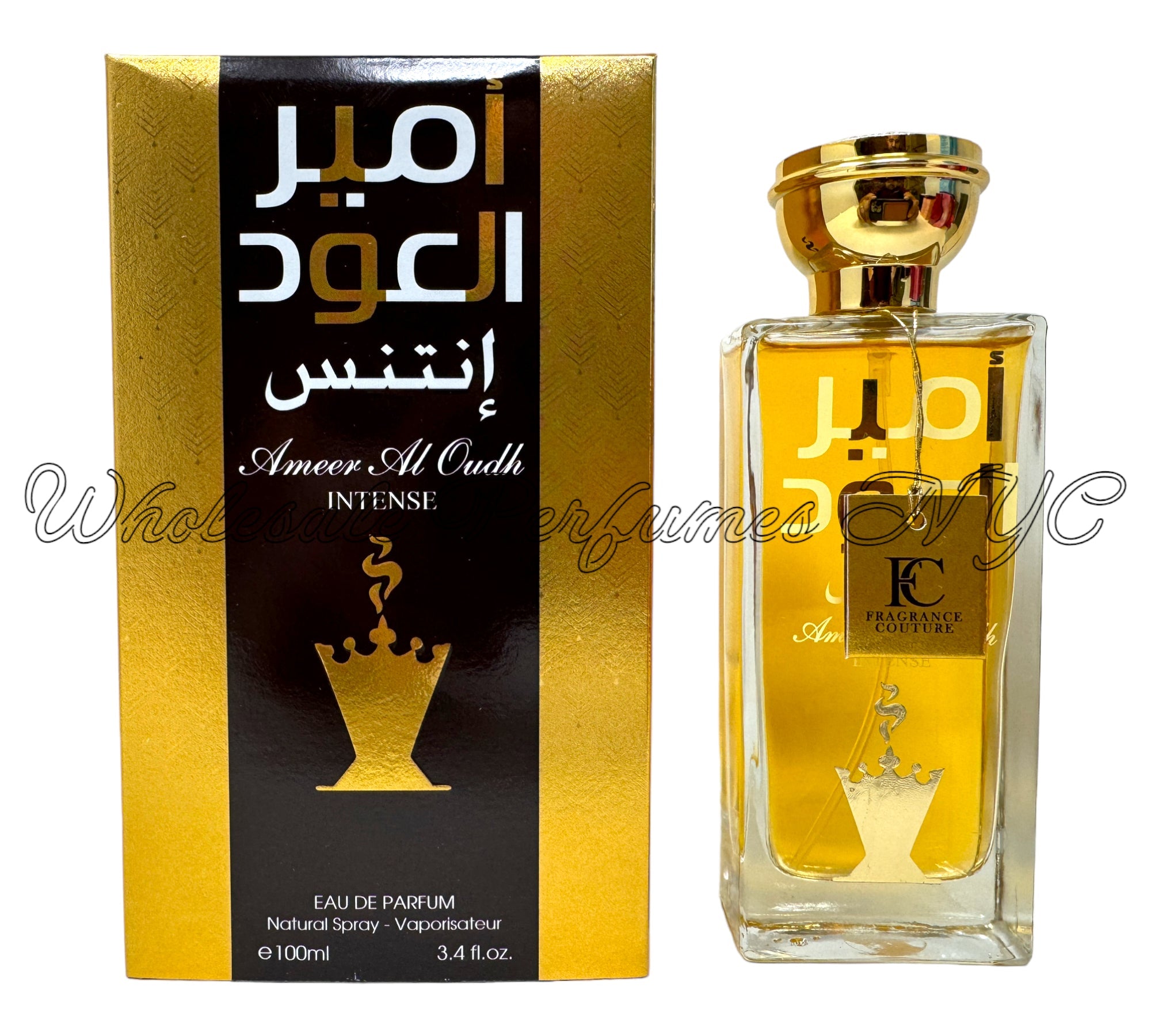 Ameer Al Oud Intense for Men 3.4oz Eau de Parfum spray in an elegant bottle, showcasing its luxurious design.