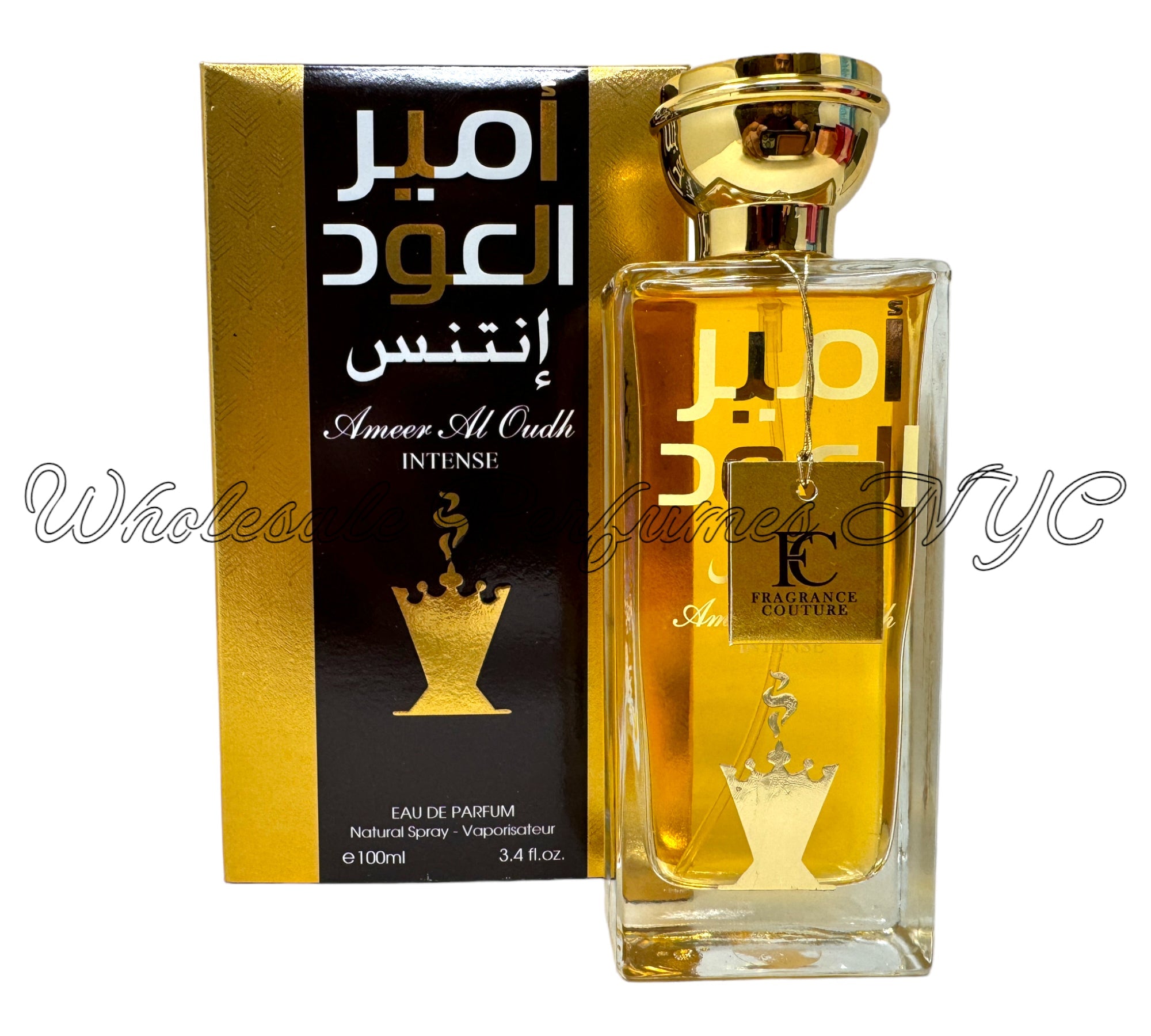 Ameer Al Oud Intense for Men 3.4oz Eau de Parfum spray in an elegant bottle, showcasing its luxurious design.