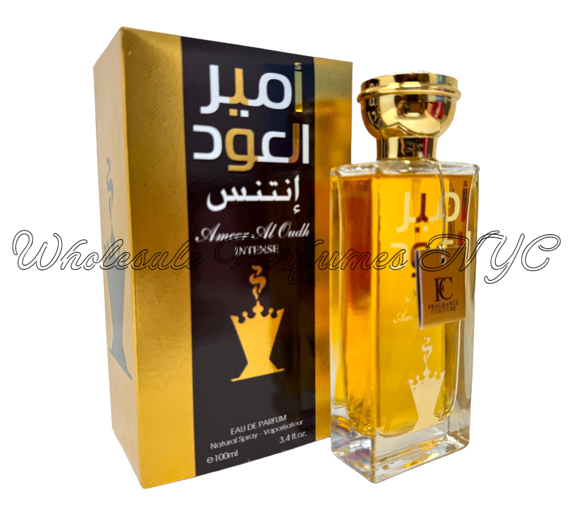 Ameer Al Oud Intense for Men 3.4oz Eau de Parfum spray in an elegant bottle, showcasing its luxurious design.