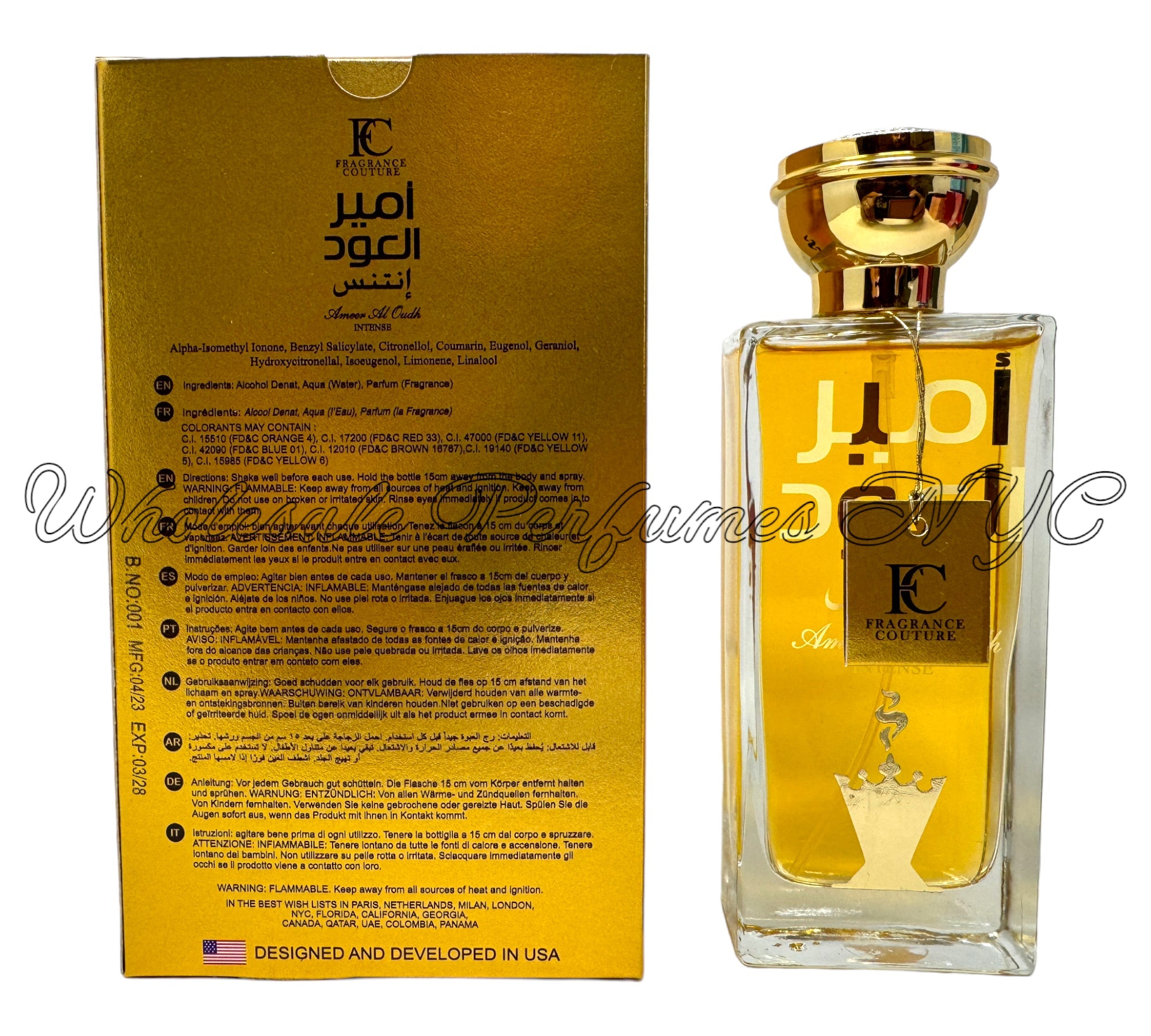 Ameer Al Oud Intense for Men 3.4oz Eau de Parfum spray in an elegant bottle, showcasing its luxurious design.