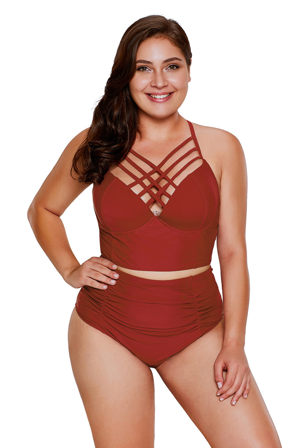 American Flag Strappy Neck Detail High Waist Plus Size Swimsuit featuring a cropped bikini top and high waist bottom with strappy neck design.