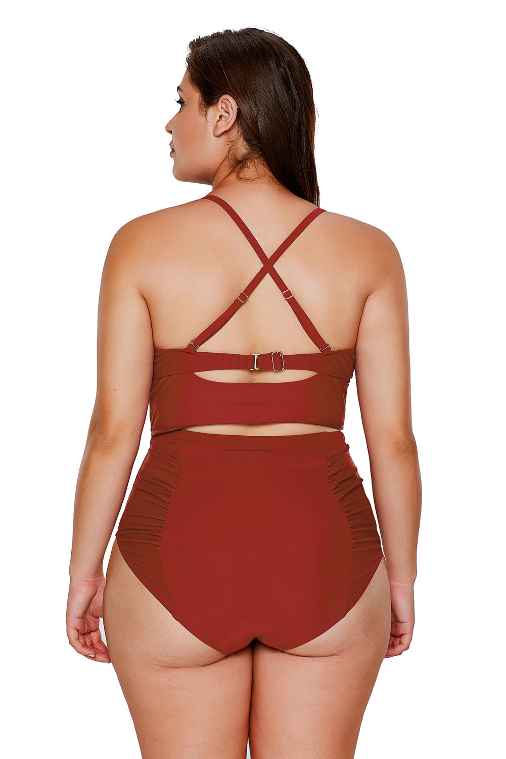 American Flag Strappy Neck Detail High Waist Plus Size Swimsuit featuring a cropped bikini top and high waist bottom with strappy neck design.