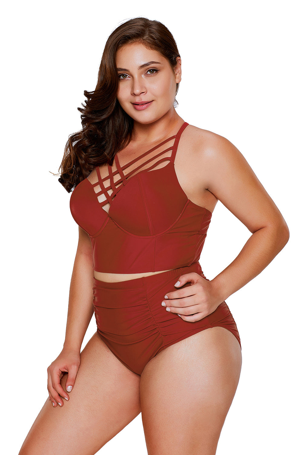 American Flag Strappy Neck Detail High Waist Plus Size Swimsuit featuring a cropped bikini top and high waist bottom with strappy neck design.