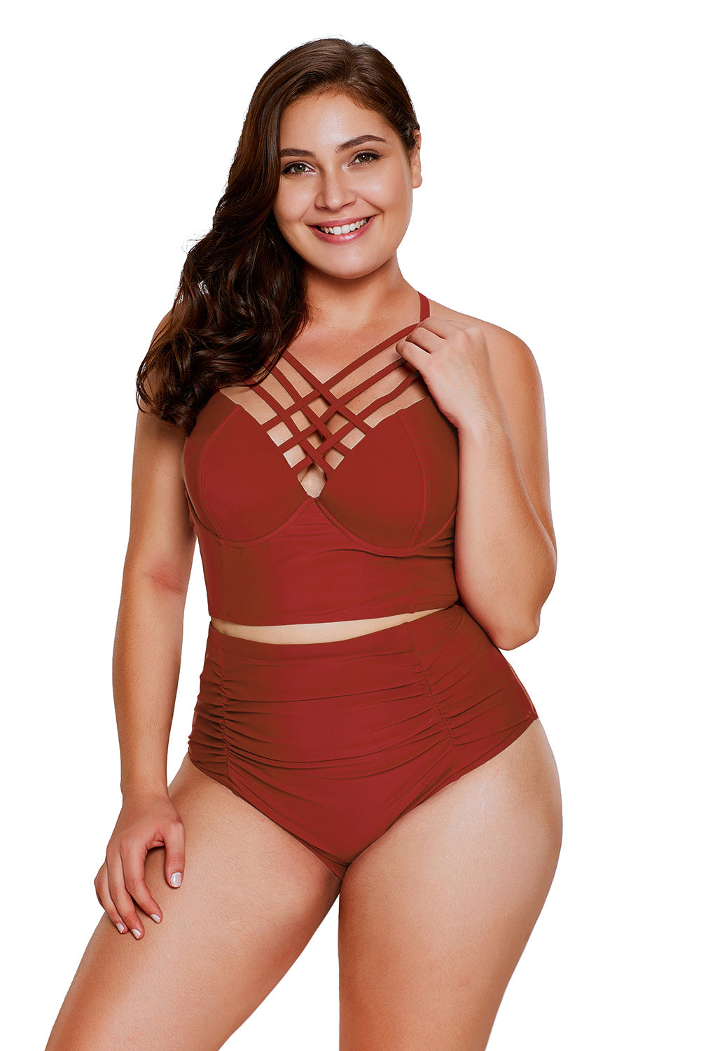 American Flag Strappy Neck Detail High Waist Plus Size Swimsuit featuring a cropped bikini top and high waist bottom with strappy neck design.