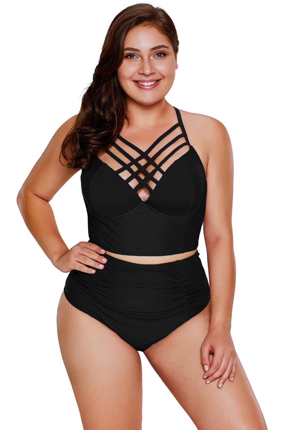 American Flag Strappy Neck Detail High Waist Plus Size Swimsuit featuring a cropped bikini top and high waist bottom with strappy neck design.