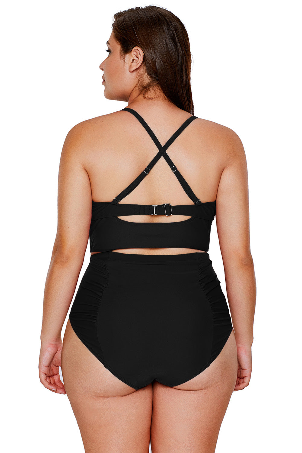 American Flag Strappy Neck Detail High Waist Plus Size Swimsuit featuring a cropped bikini top and high waist bottom with strappy neck design.