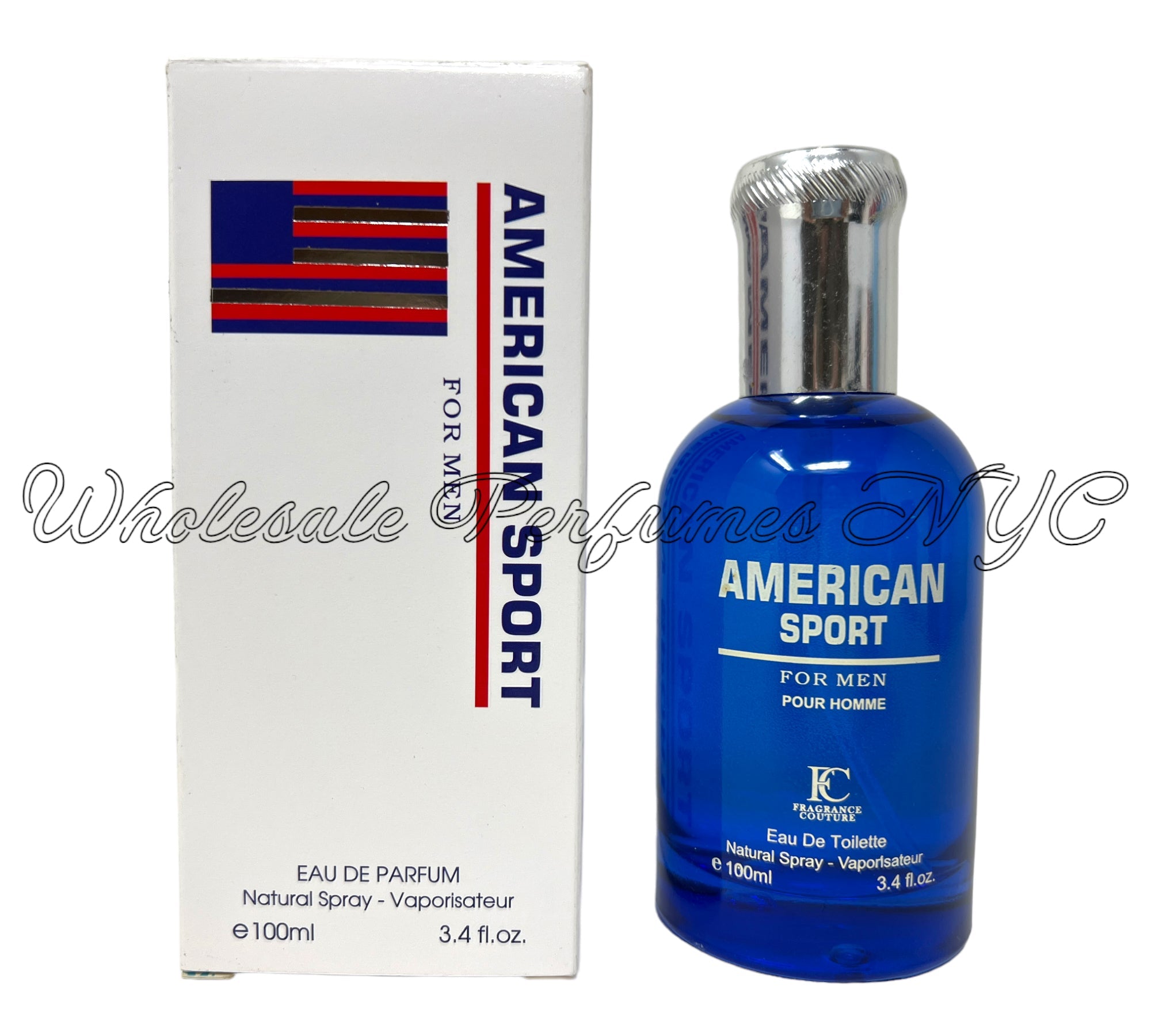 Bottle of American Sport for Men Eau de Toilette, 3.4oz, showcasing its sporty design and refreshing essence.