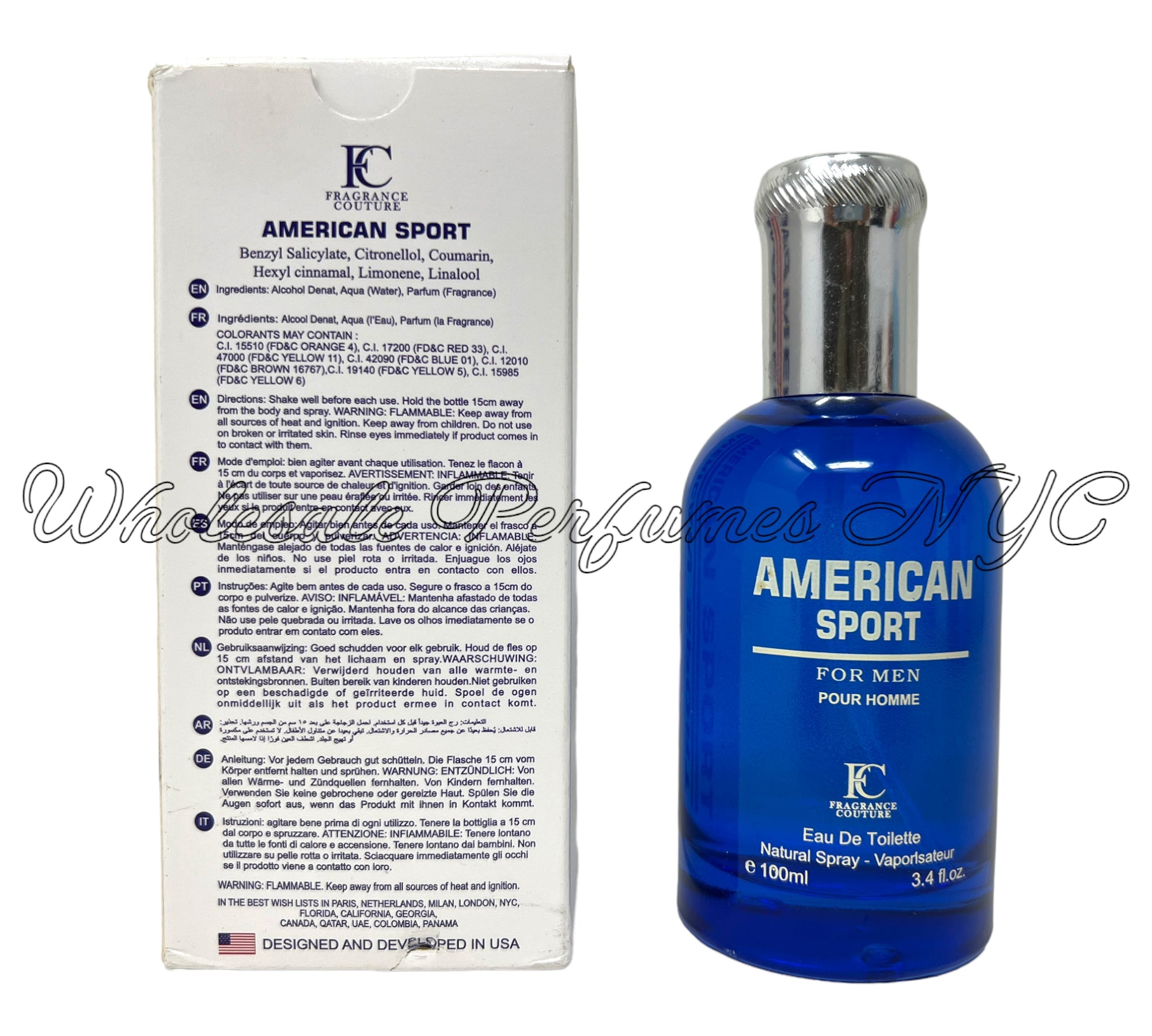 Bottle of American Sport for Men Eau de Toilette, 3.4oz, showcasing its sporty design and refreshing essence.