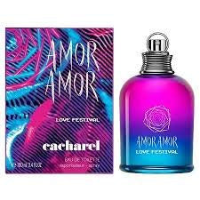 Cacharel Amor Amor Love Festival Eau de Toilette bottle with vibrant floral design, showcasing its elegant shape and colorful packaging.