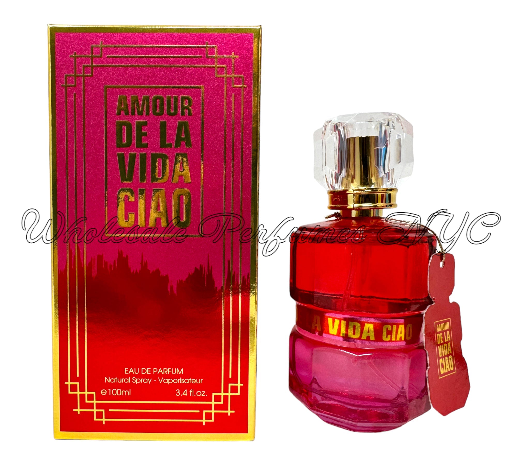 A 3.4oz bottle of Amor De La Vida Ciao for Women Eau de Parfum, elegantly designed with a floral theme, showcasing its luxurious appeal.